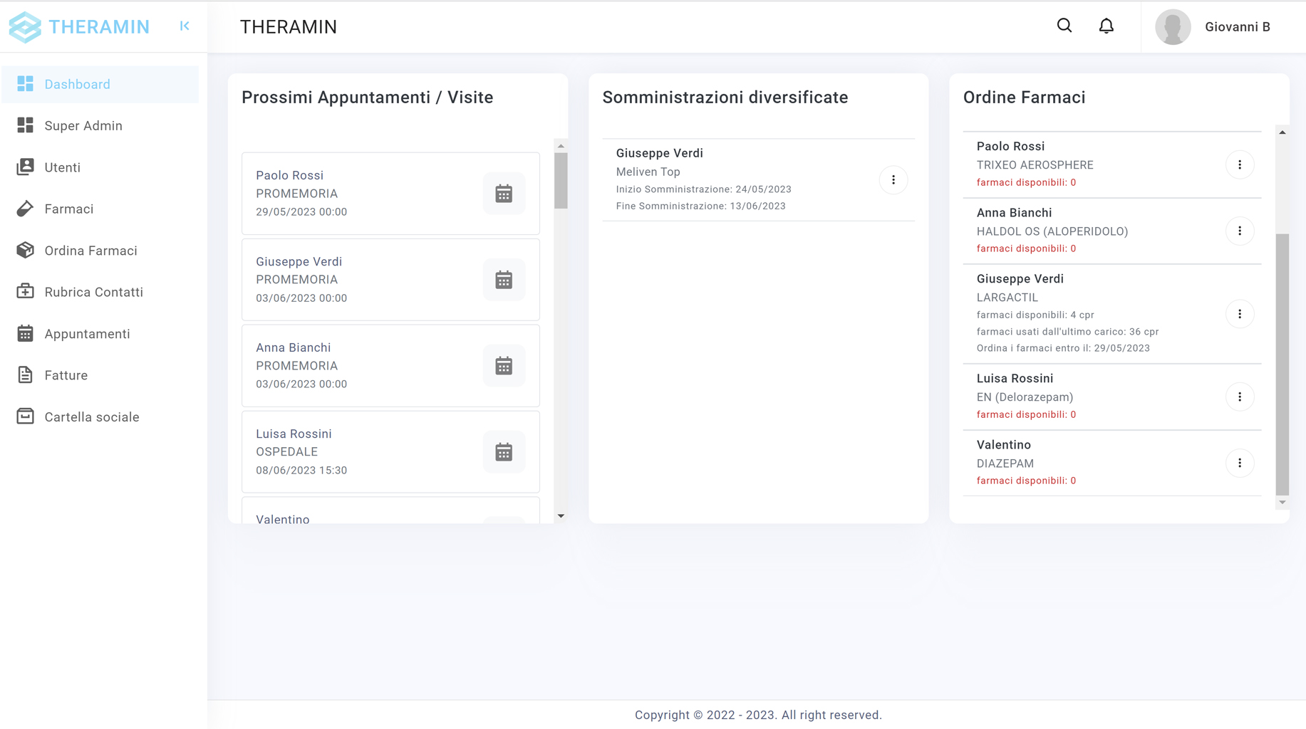 Dashboard di Theramin con i prossimi appuntamenti, le somministrazioni e l'ordine farmaci