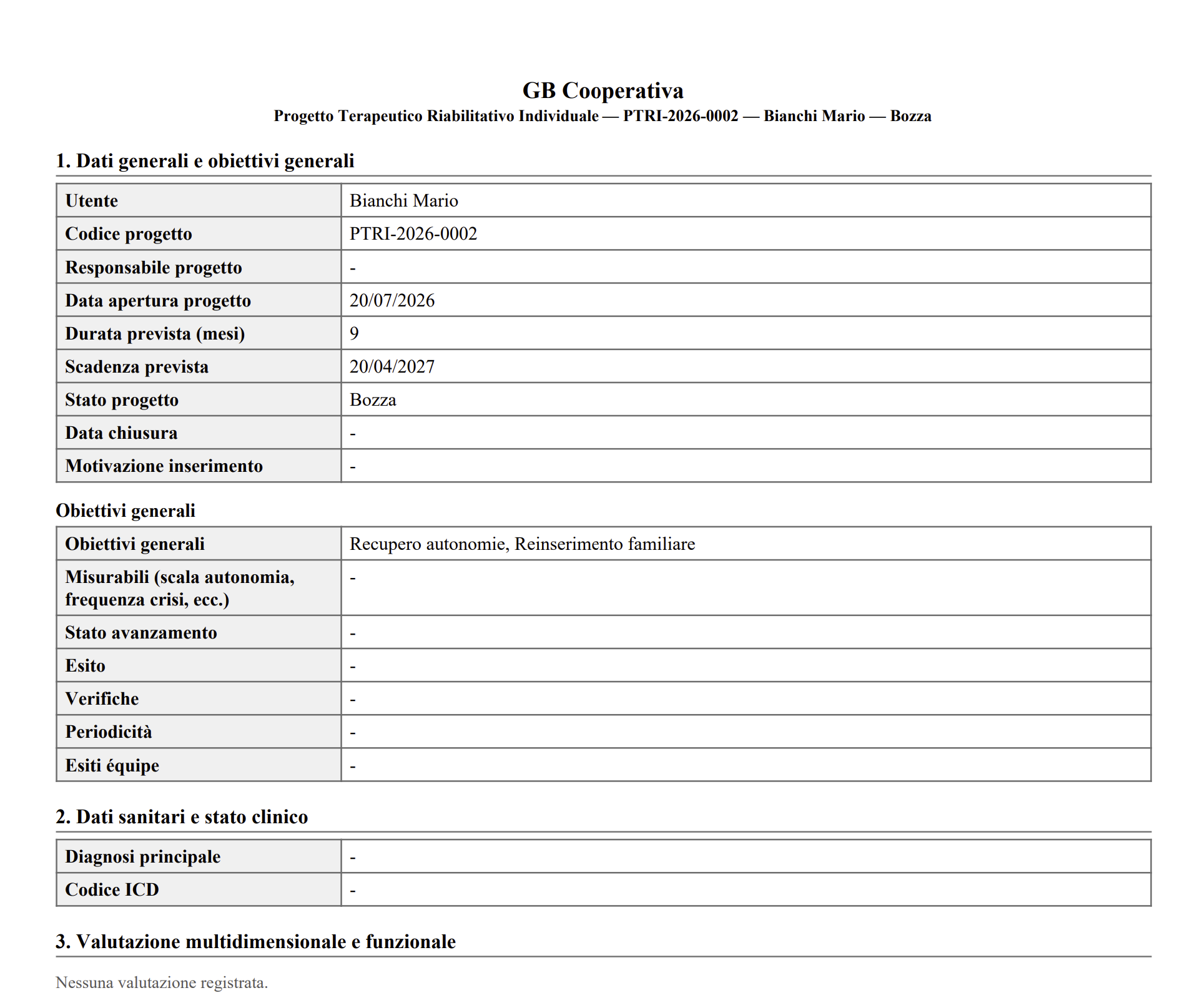 Dossier PTRI esportato in PDF da Theramin, con intestazione della struttura e numerazione pagine